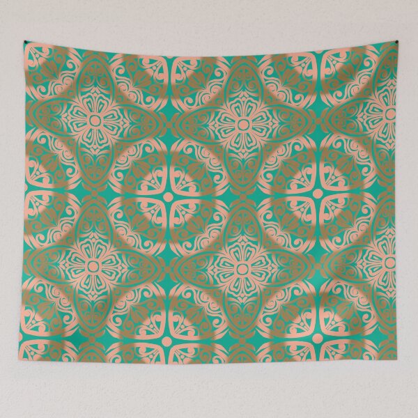 Item preview, Portuguese Ceramic Tile Motif | Peach & Turquoise Mediterranean Talavera Pattern designed and sold by Rukhscreations.