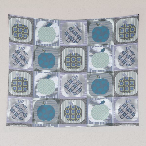 Item preview, Pom Pom Pom Pom Faux Patchwork Quilt in dusty blue tones.  designed and sold by Anne Londez Studio.