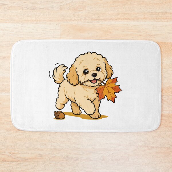 Artikelvorschau, Niedlicher Maltipoo im Herbst, der mit einem Ahornblatt spaziert – Aufkleber für Hunde im Herbst entworfen und verkauft von wildsilencee.
