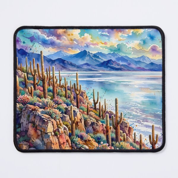 Item preview, Saguaro Dreamscape - Watercolor Desert Lake designed and sold by HoMya.