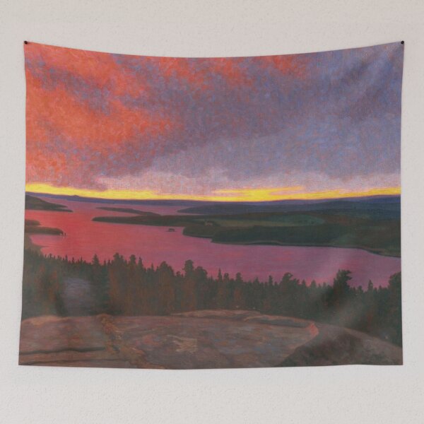 Artikelvorschau, Landscape at twilight near pink sunset river landscape painting at Glafsfjorden Varmland by Hilding Werner entworfen und verkauft von Jéanpaul  Ferro.