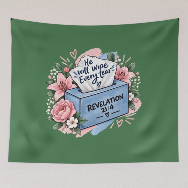 Item preview, He Will Wipe Every Tear Revelation 214 Christian Bible Verse Tissue Box Illustration designed and sold by EatPrayLive.