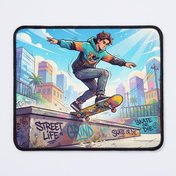 Item preview, A young skater grinding on a ledge in a vibrant urban skatepark designed and sold by homydesign.