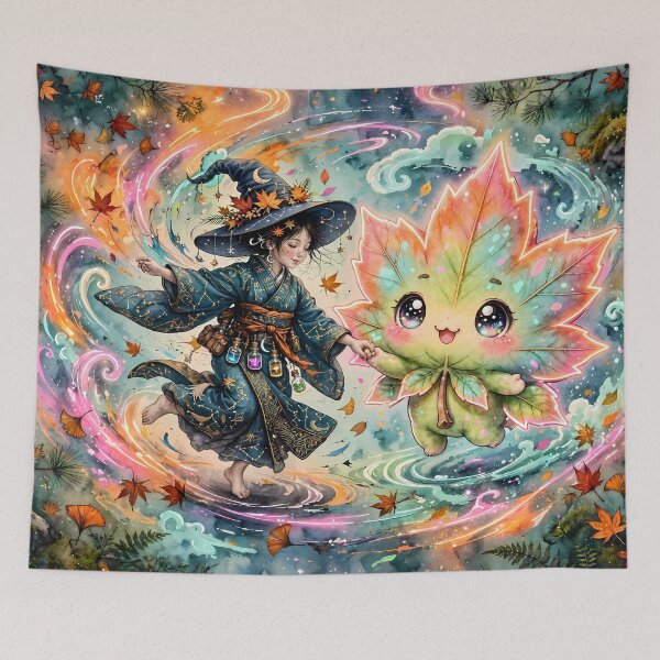 Item preview, Cute Witch Dancing with Kawaii Maple Leaf designed and sold by m-y-A-I-A-R-T-.