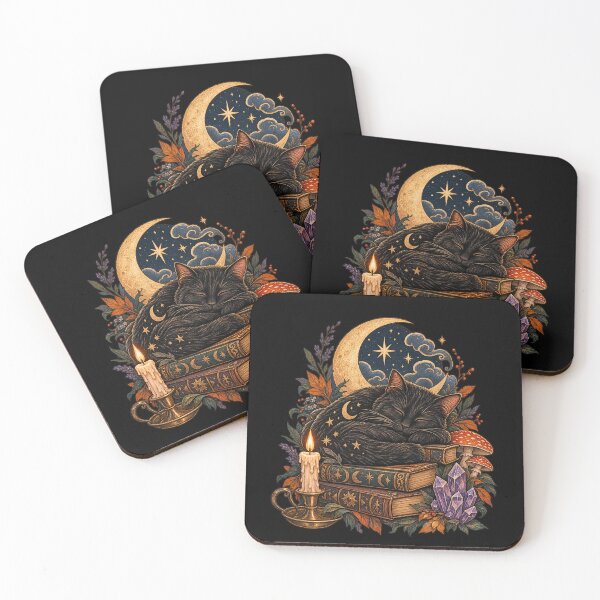 Item preview, Celestial Sleeping Black Cat On Magic Spellbooks Crescent Moon designed and sold by CatiaStudioArt.