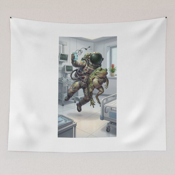 Item preview, Tired Astronaut Carrying a Relaxed Frog in Zero Gravity | Pop Surrealism Art designed and sold by Rain-Road.