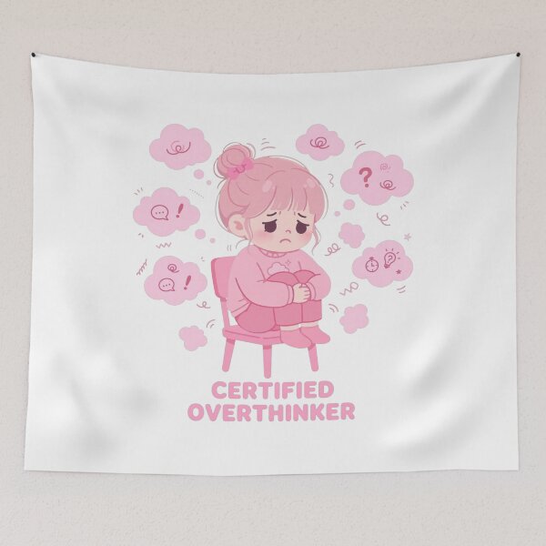 Item preview, Certified Overthinker Girl Hugging Knees - Pink Worries designed and sold by GenZPopStudio.