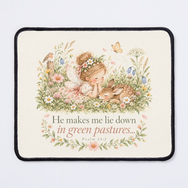 Artikelvorschau, Green Pastures Fairy & Fawn – Christian Bible Verse Cottagecore Art entworfen und verkauft von looplandger.
