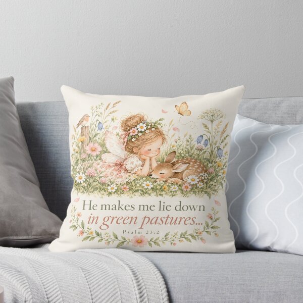 Artikelvorschau, Green Pastures Fairy & Fawn – Christian Bible Verse Cottagecore Art entworfen und verkauft von looplandger.