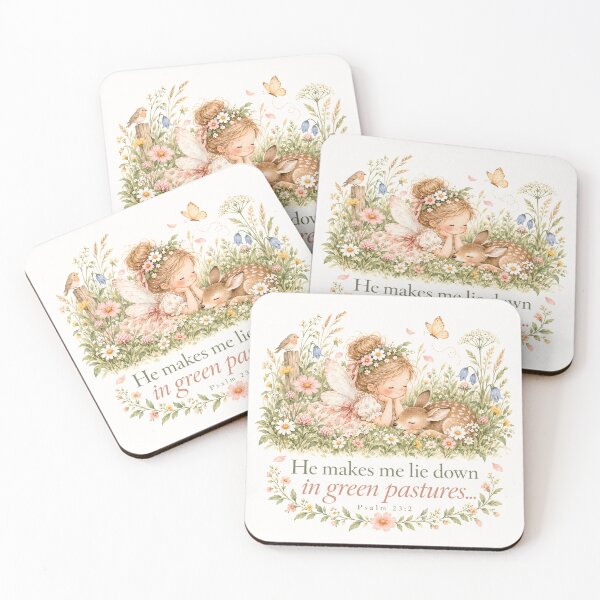 Aperçu de l'œuvre Green Pastures Fairy & Fawn – Christian Bible Verse Cottagecore Art créée et vendue par looplandger.