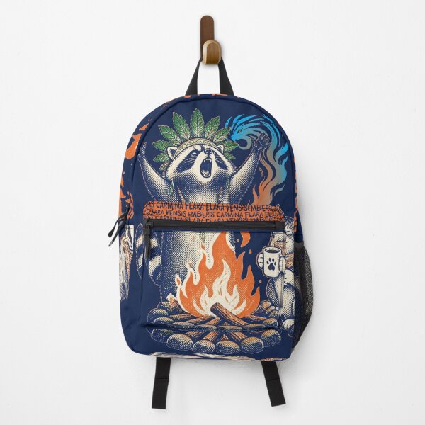 Aperçu de l'œuvre Chants amusants de raton laveur en camping autour d'un feu de camp, culte de la nature et du dieu du feu, sac à dos créée et vendue par BigMRanch.