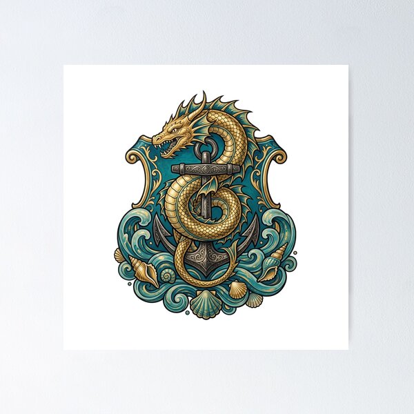 Item preview, Golden Sea Dragon Anchor Nautical Crest designed and sold by Pandanime.
