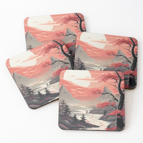 Item preview, Japanese Asian Mountain Landscape — Red Sakura Tree and Full Moon designed and sold by LYAN-STORE.