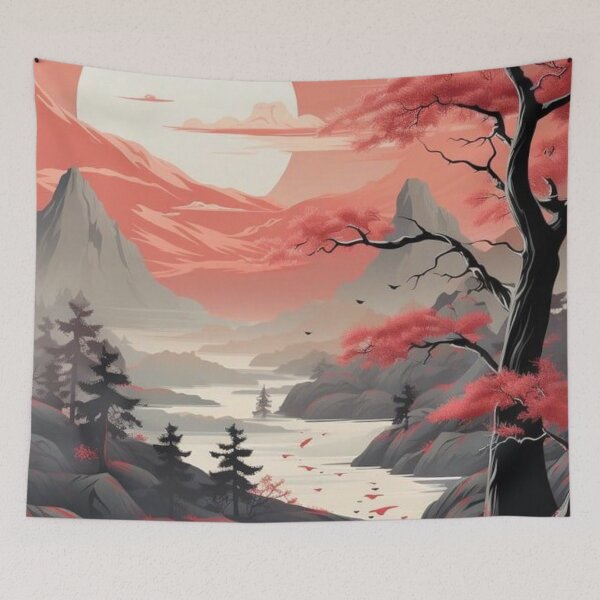 Item preview, Japanese Asian Mountain Landscape — Red Sakura Tree and Full Moon designed and sold by LYAN-STORE.