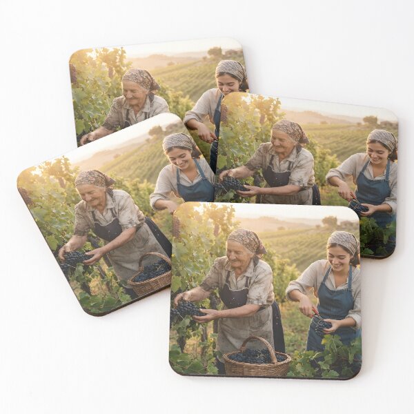 Item preview, Two generations harvesting grapes in a Tuscan vineyard at sunset designed and sold by homydesign.