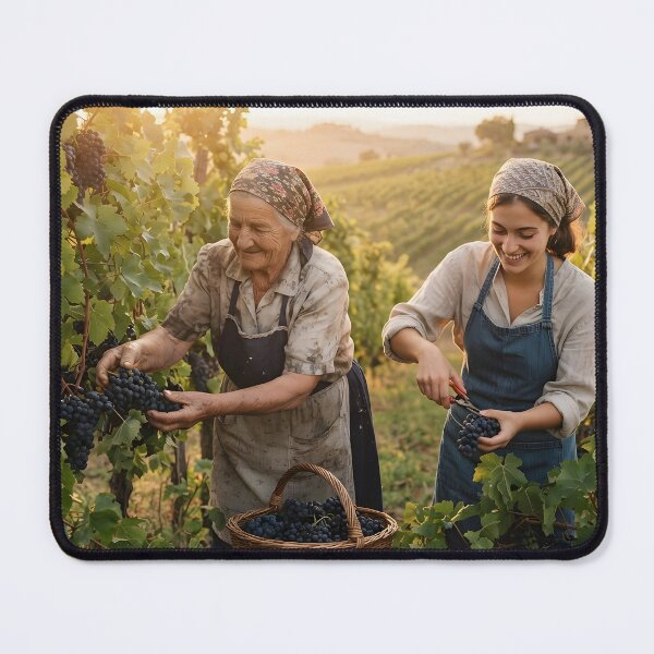 Item preview, Two generations harvesting grapes in a Tuscan vineyard at sunset designed and sold by homydesign.
