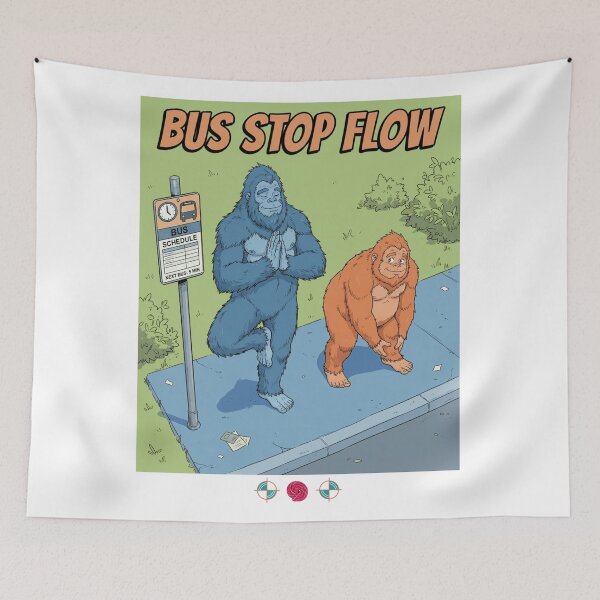 Aperçu de l'œuvre Circulation à l'arrêt de bus – Dessin animé mignon de Bigfoot et Sasquatch en train de faire du yoga créée et vendue par Whimsy Trail Co.