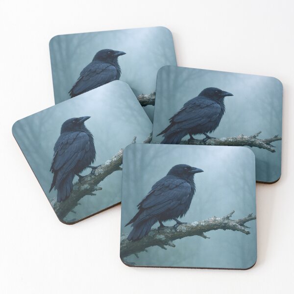 Item preview, A black raven perched on a mossy branch in a misty forest designed and sold by homydesign.