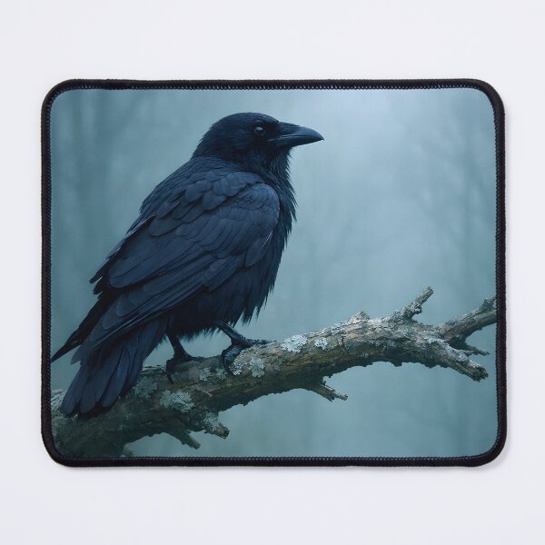 Item preview, A black raven perched on a mossy branch in a misty forest designed and sold by homydesign.