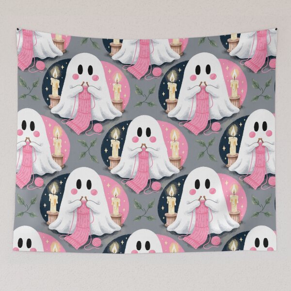 Item preview, Cozy Ghosts Knitting Pink Scarves Halloween Pattern designed and sold by Camel & Quirk.