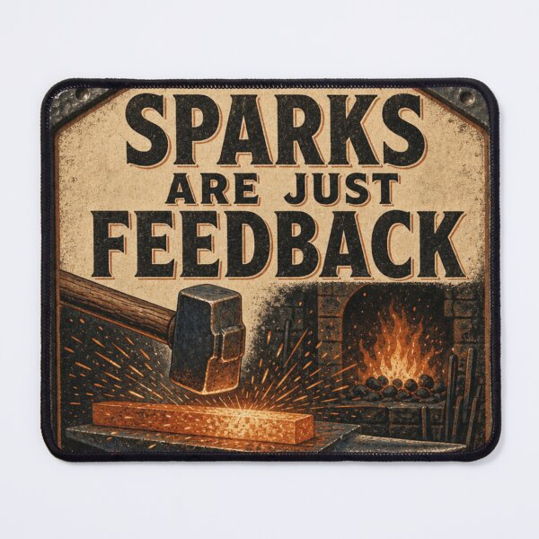 Item preview, Sparks Are Just Feedback – Knifemaker Forge Fire Tool Catalog Sign designed and sold by BoosterShop.