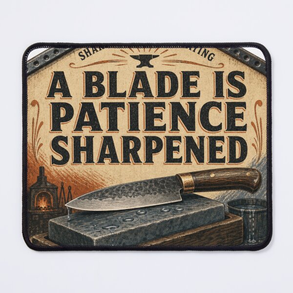 Item preview, A Blade Is Patience Sharpened – Sharpening Stone Knife Tool Catalog Sign designed and sold by BoosterShop.