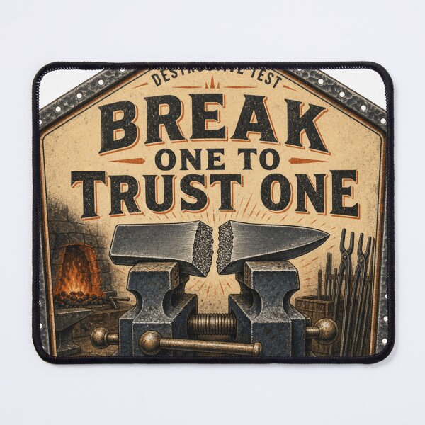 Artikelvorschau, Break One To Trust One – Messermacher Bruchtest Metallurgie Werkzeugkatalog entworfen und verkauft von BoosterShop.