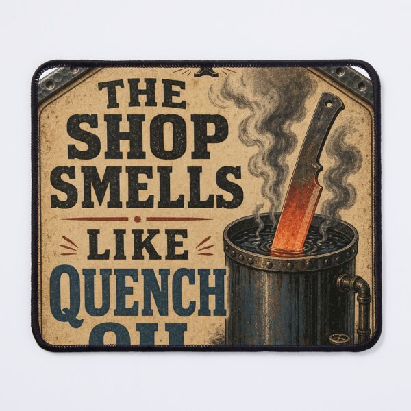 Item preview, The Shop Smells Like Quench Oil – Knifemaker Funny Forge Tool Catalog Sign designed and sold by BoosterShop.