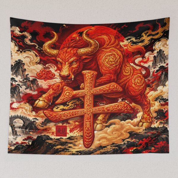 Item preview, Year of the Ox Chinese Zodiac Fire Bull Art designed and sold by Fei Long Design Hub.