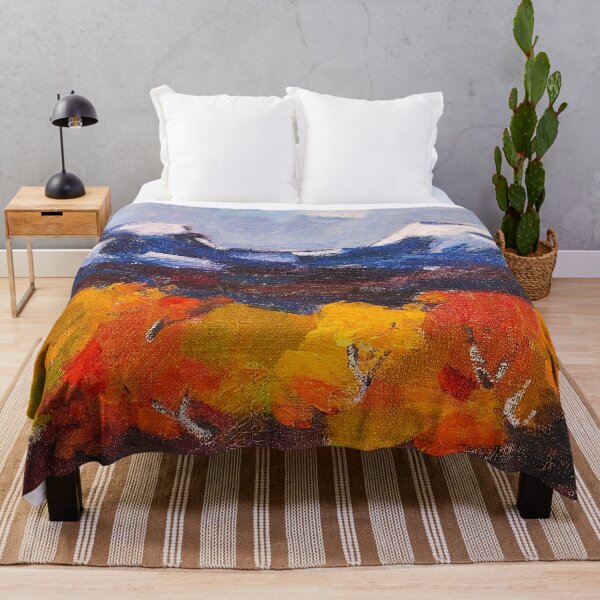 Artikelvorschau, The red and yellow-gold colors of fall, alpine mountain foliage oil on canvas landscape painting print by Leander Engstrom entworfen und verkauft von Jéanpaul Ferro.