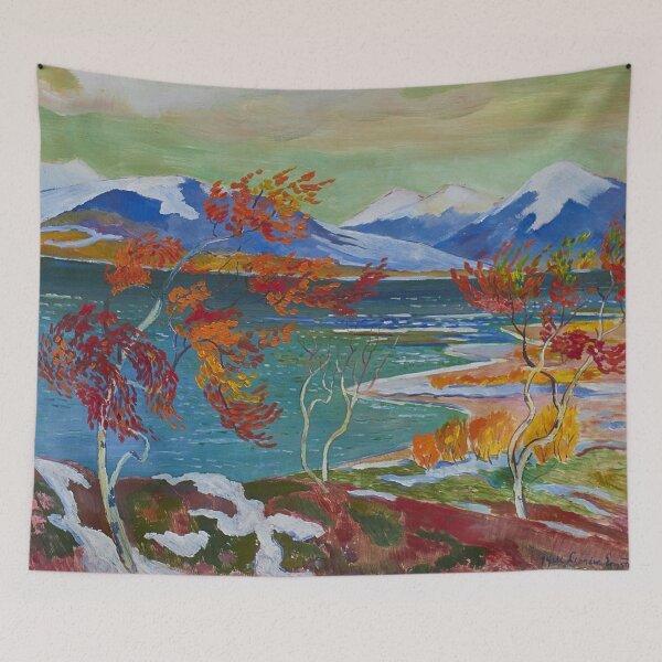 Artikelvorschau, The Ides of March stormy colorful foliage alpine lake landscape painting by Leander Engstrom entworfen und verkauft von Jéanpaul  Ferro.