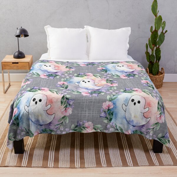 Item preview, Adorable ghosts carry pastel rainbow umbrellas through a rainy sky of clouds and raindrops in this cheerful repeat pattern. designed and sold by Camel & Quirk.