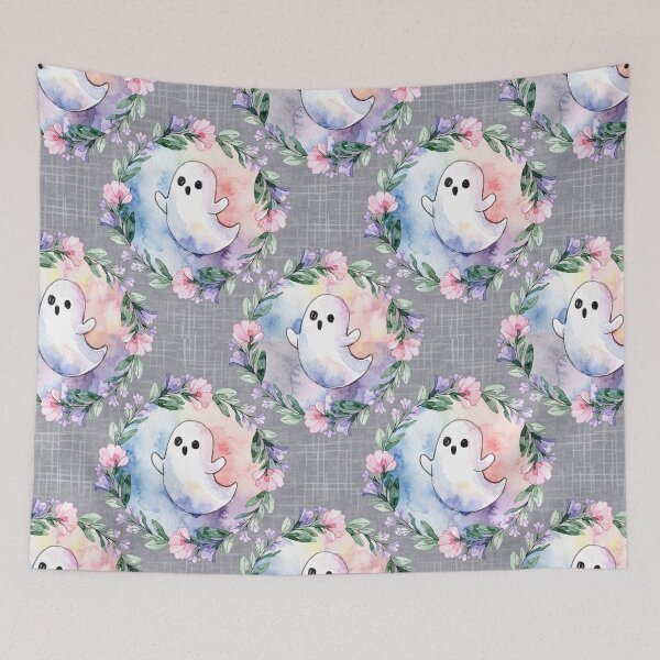 Item preview, Adorable ghosts carry pastel rainbow umbrellas through a rainy sky of clouds and raindrops in this cheerful repeat pattern. designed and sold by Camel & Quirk.