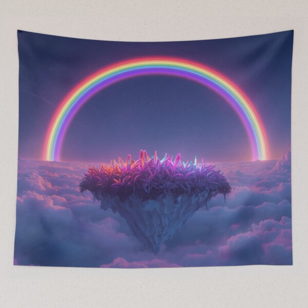 Item preview, Floating Island Under Vibrant Neon Cosmic Rainbow designed and sold by monkeybusiness.pt.