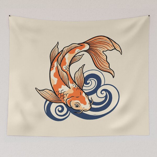 Item preview, Koi Fish Woodblock Print over Japanese Waves designed and sold by Rariks.