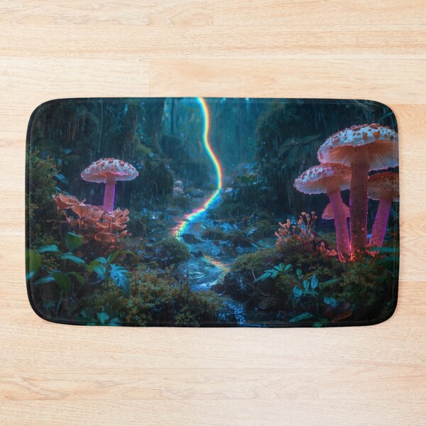 Item preview, Glowing Mushrooms Beside Neon Rainbow Stream designed and sold by monkeybusiness.pt.
