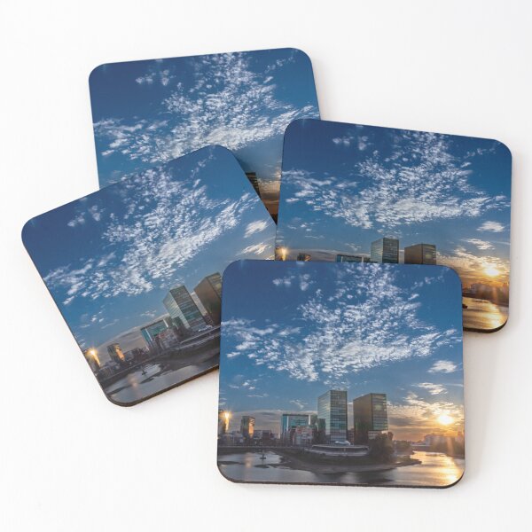 Item preview, Düsseldorf Media Harbour at sunset with sun reflection and small clouds designed and sold by Your Happy Life.