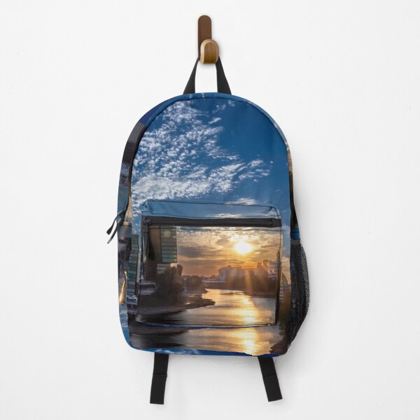 Item preview, Düsseldorf Media Harbour at sunset with sun reflection and small clouds designed and sold by Your Happy Life.