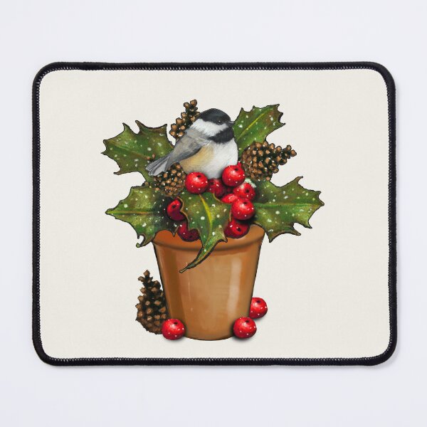 Item preview, Christmas Holly in Flower Pot with Chickadee Bird Illustration designed and sold by JoyfulWhimsy.