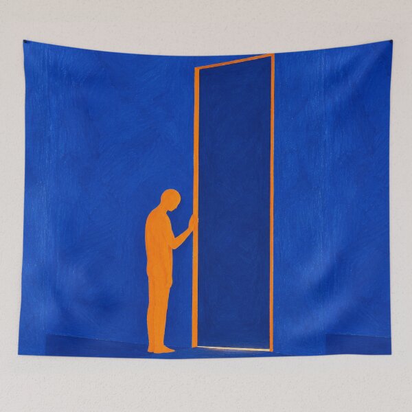 Item preview, 'Not Yet, But Soon' — Blue and Orange Doorway Figurative Art designed and sold by Moodzu.