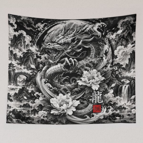 Item preview, Majestic Chinese Dragon Peony Mountain Ink Art designed and sold by Fei Long Design Hub.