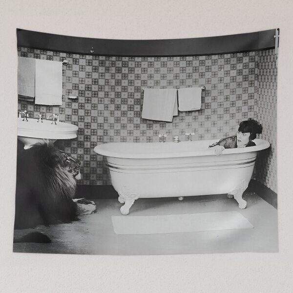 Item preview, The lion that came to dinner, 1917 Bab's Diary hilarious women in the bathtub with lion publicity movie still black and white photograph designed and sold by Astrid Arkhangelsky.