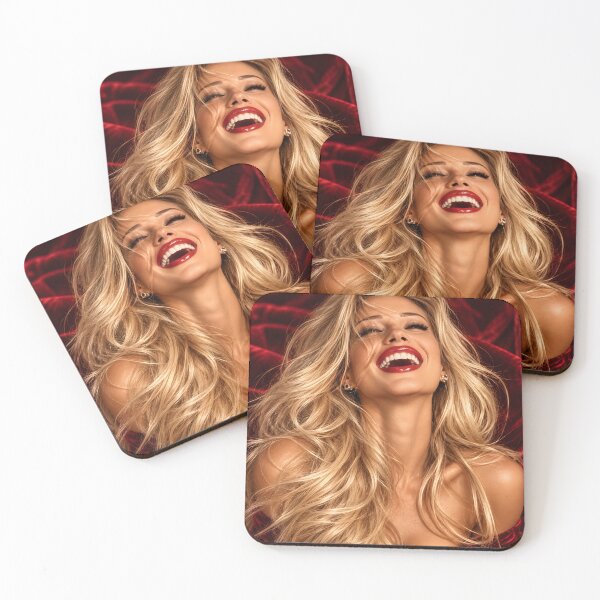 Item preview, Glamorous Blonde Woman Laughing Ruby Red Velvet Portrait designed and sold by IRON SIREN.