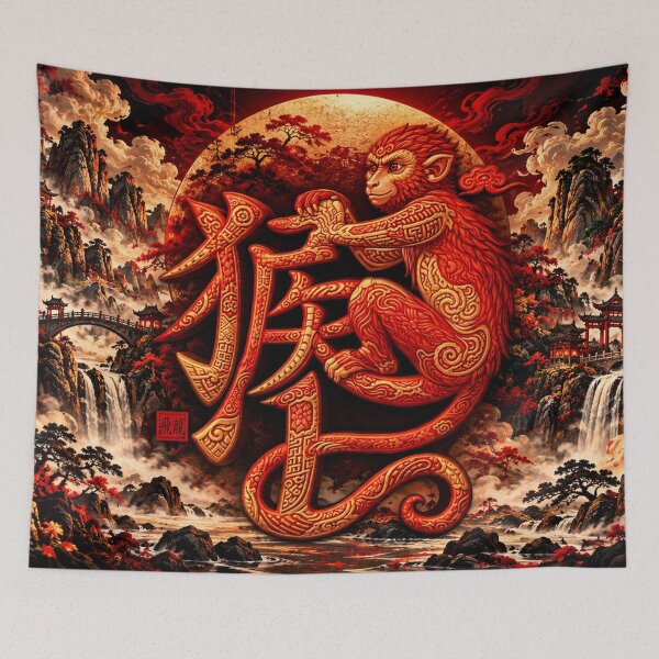 Item preview, Golden Monkey Chinese Zodiac Mountain Temple Art designed and sold by Fei Long Design Hub.