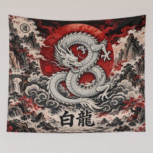 Item preview, White Dragon Red Sun Asian Mountain Fantasy Art designed and sold by Fei Long Design Hub.