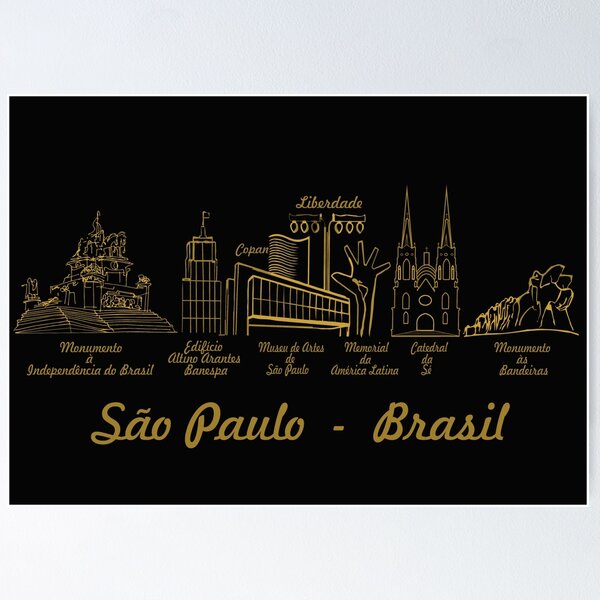 Artikelvorschau, Sao Paulo Brasilien Skyline - Golden Line Art Copan Masp Kathedrale horizontal entworfen und verkauft von Sampa In Focus.