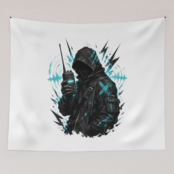 Item preview, Hooded Radio Operator With Cyan Signal Waves designed and sold by Artmares.