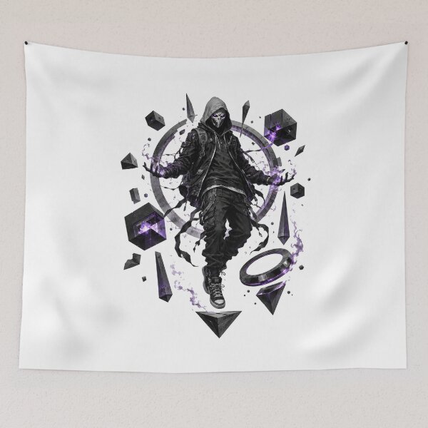 Item preview, Masked Cyberpunk Figure Channeling Purple Energy Shards designed and sold by Artmares.