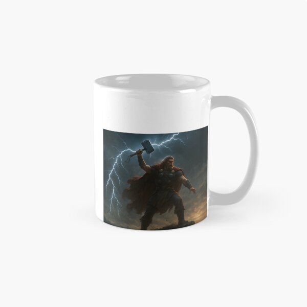Aperçu de l'œuvre Illustration murale épique du dieu viking Thor invoquant la foudre avec Mjolnir créée et vendue par ZoomsYT.