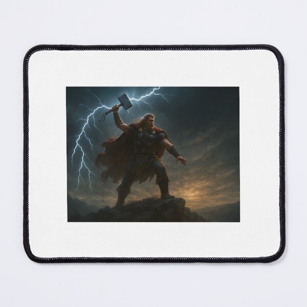 Aperçu de l'œuvre Illustration murale épique du dieu viking Thor invoquant la foudre avec Mjolnir créée et vendue par ZoomsYT.